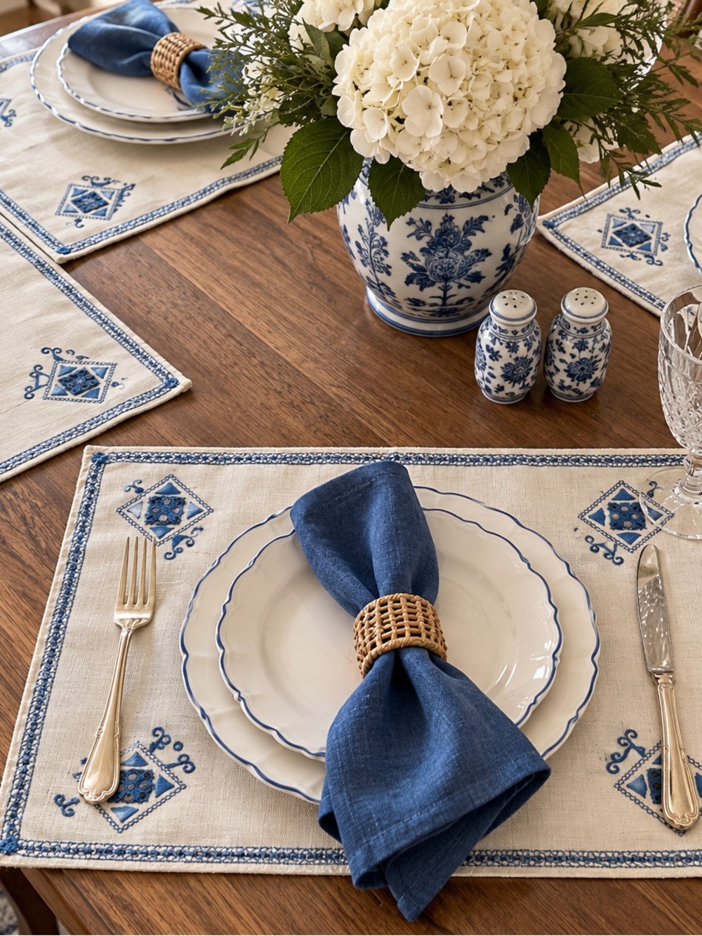 Vintage Embroidered Blue & Cream Linen Placemat Set - Set of 4